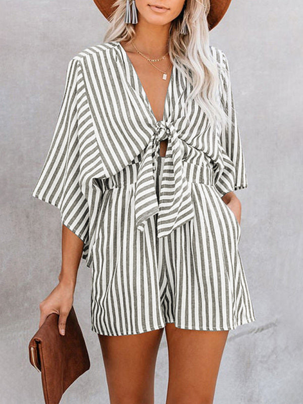 Women’s Striped Short Sleeve Romper with Front Tie and Pockets in 4 Colors Sizes 4-26 - Wazzi's Wear