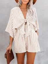 Load image into Gallery viewer, Women’s Striped Short Sleeve Romper with Front Tie and Pockets in 4 Colors Sizes 4-26
