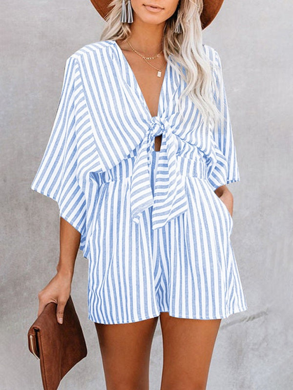 Women’s Striped Short Sleeve Romper with Front Tie and Pockets in 4 Colors Sizes 4-26 - Wazzi's Wear