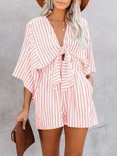 Load image into Gallery viewer, Women’s Striped Short Sleeve Romper with Front Tie and Pockets in 4 Colors Sizes 4-26