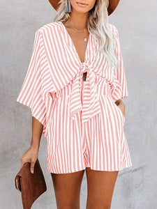 Women’s Striped Short Sleeve Romper with Front Tie and Pockets in 4 Colors Sizes 4-26