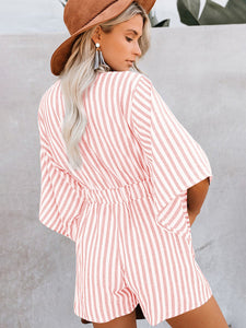 Women’s Striped Short Sleeve Romper with Front Tie and Pockets in 4 Colors Sizes 4-26