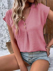 Women's Solid V-Neck Top with Buttons and Short Sleeves in 7 Colors Sizes 4-18