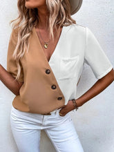 Load image into Gallery viewer, Women’s Crossover Colorblock V-Neck Top with Short Sleeves and Buttons in 6 Colors Sizes 4-18