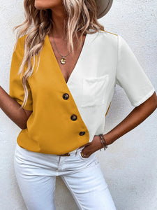 Women’s Crossover Colorblock V-Neck Top with Short Sleeves and Buttons in 6 Colors Sizes 4-18