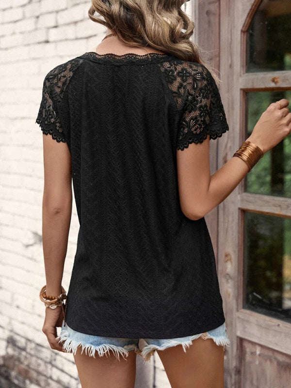 Women's V-Neck Short Sleeve Top with Lace Detail in 2 Colors Sizes 4-18 - Wazzi's Wear