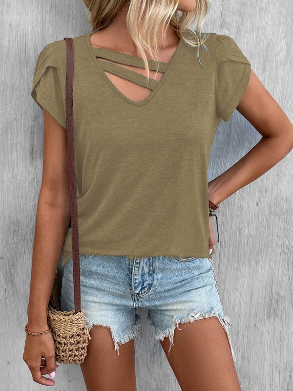 Women's Solid Short Sleeve Top with Cutouts Sizes 4-22 - Wazzi's Wear