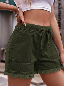 Women’s Solid Drawstring Shorts with Frayed Hem and Pockets in 13 Colors Sizes 4-18