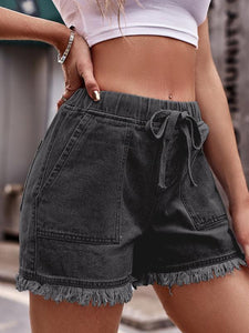 Women’s Solid Drawstring Shorts with Frayed Hem and Pockets in 13 Colors Sizes 4-18