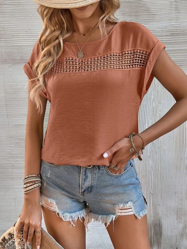 Women's Solid Short Sleeve Top with Lace Detail in 6 Colors Sizes 4-20 - Wazzi's Wear