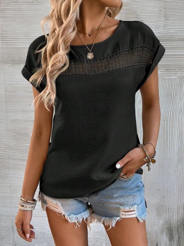 Women's Solid Short Sleeve Top with Lace Detail in 6 Colors Sizes 4-20 - Wazzi's Wear