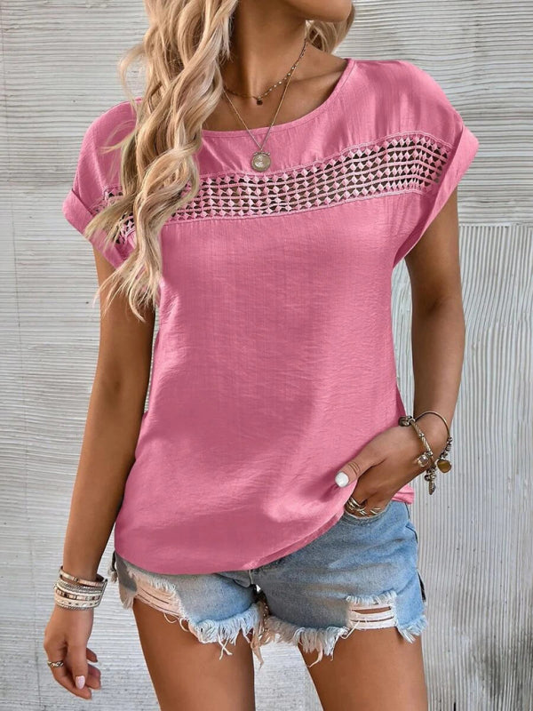 Women's Solid Short Sleeve Top with Lace Detail in 6 Colors Sizes 4-20 - Wazzi's Wear