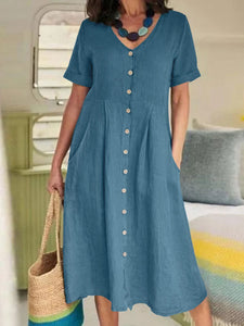 Women's Solid Short Sleeve Midi Dress with Pockets and Buttons in 5 Colors Sizes 4-14 - Wazzi's Wear