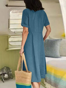 Women's Solid Short Sleeve Midi Dress with Pockets and Buttons in 5 Colors Sizes 4-14 - Wazzi's Wear