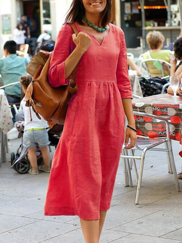Women's Solid  V-Neck Midi Dress in 4 Colors Sizes 4-14 - Wazzi's Wear