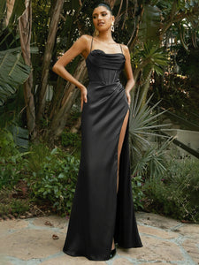 Women’s Sleeveless Corseted Evening Gown with Leg Slit in 3 Colors S-XL - Wazzi's Wear