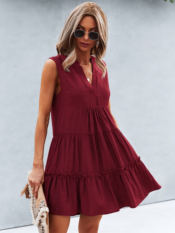 Women's Solid V-Neck Sleeveless Dress in 4 Colors Sizes 4-12 - Wazzi's Wear