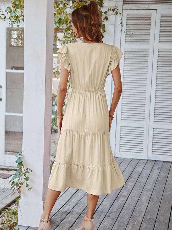 Women's V-Neck Solid Midi Dress with Short Ruffled Sleeves Sizes 4-12 - Wazzi's Wear