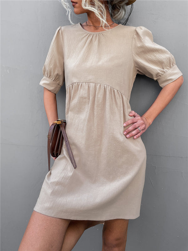 Women's Solid Round Neck Mini Dress with Short Puffed Sleeves in 3 Colors Sizes 4-12 - Wazzi's Wear