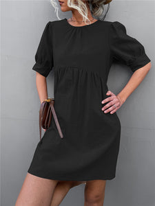 Women's Solid Round Neck Mini Dress with Short Puffed Sleeves in 3 Colors Sizes 4-12 - Wazzi's Wear