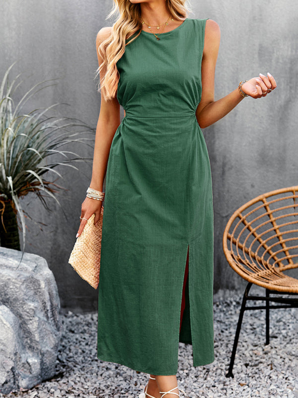 Women’s Solid Sleeveless Midi Dress with Side Slit in 5 Colors Sizes 4-10 - Wazzi's Wear