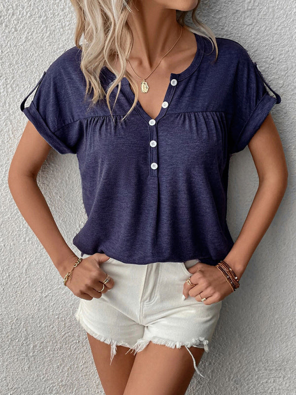 Women's V-Neck Short Sleeve Solid Top with Buttons in 10 Colors Sizes 4-20 - Wazzi's Wear