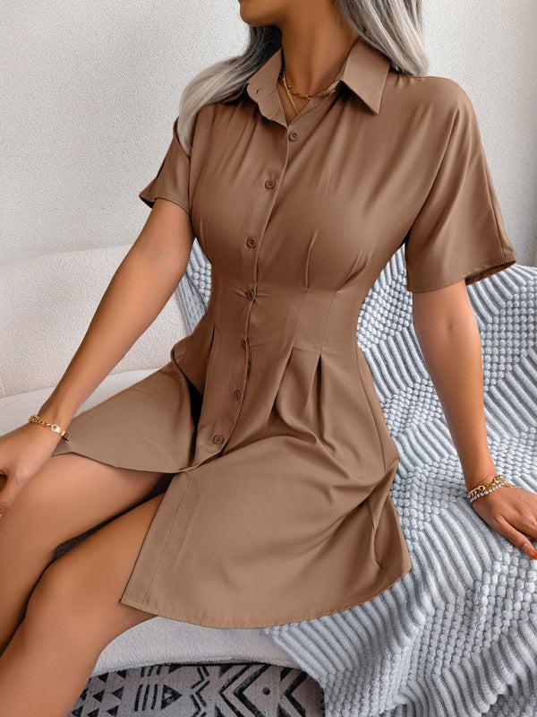 Women's Solid Short Sleeve Buttoned Shirtdress with Collar in 3 Colors Sizes 4-12 - Wazzi's Wear