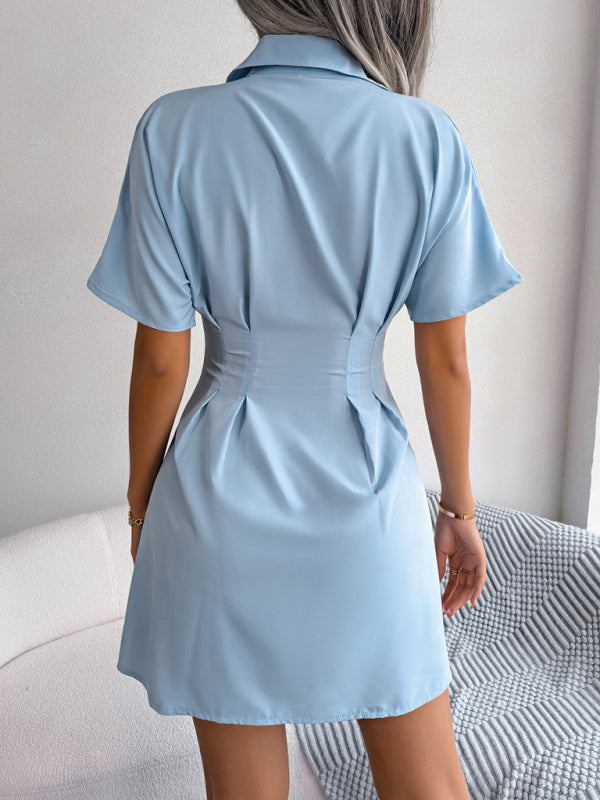 Women's Solid Short Sleeve Buttoned Shirtdress with Collar in 3 Colors Sizes 4-12 - Wazzi's Wear