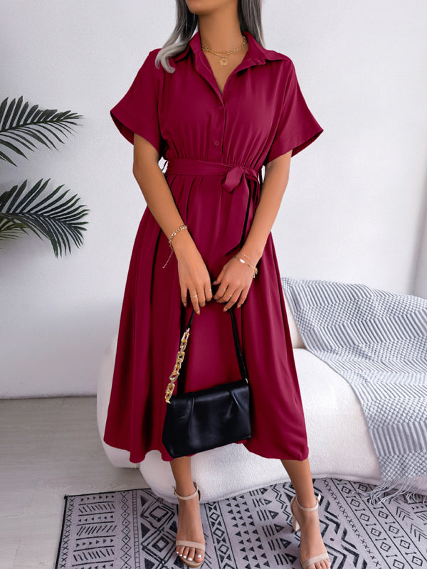 Women's Solid Short Sleeve Midi Dress with Waist Tie in 3 Colors Sizes 4-12 - Wazzi's Wear