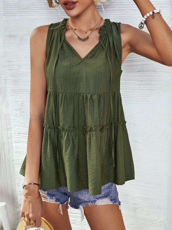 Women's Solid V-Neck Sleeveless Ruffled Top in 4 Colors Sizes 4-12 - Wazzi's Wear