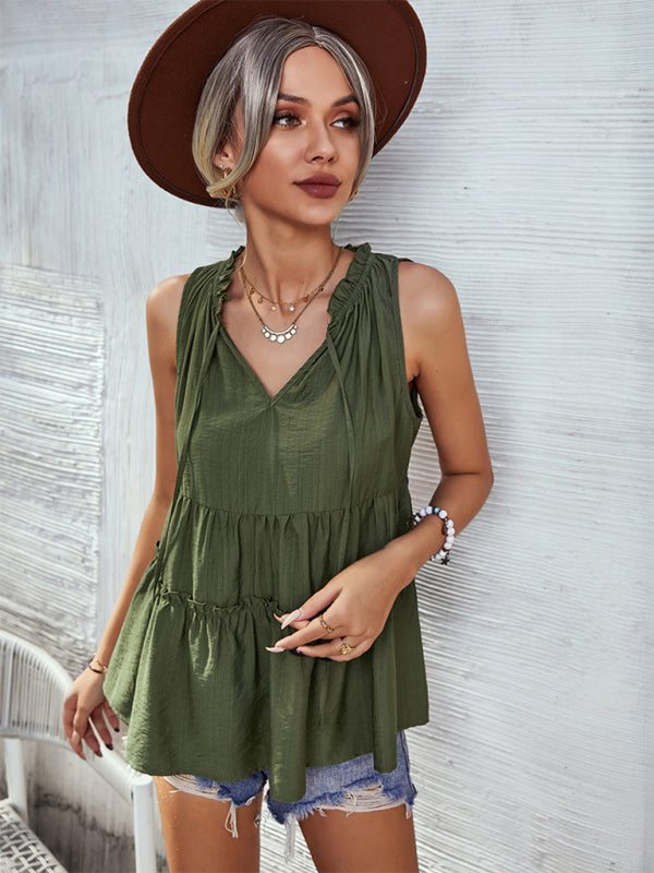 Women's Solid V-Neck Sleeveless Ruffled Top in 4 Colors Sizes 4-12 - Wazzi's Wear