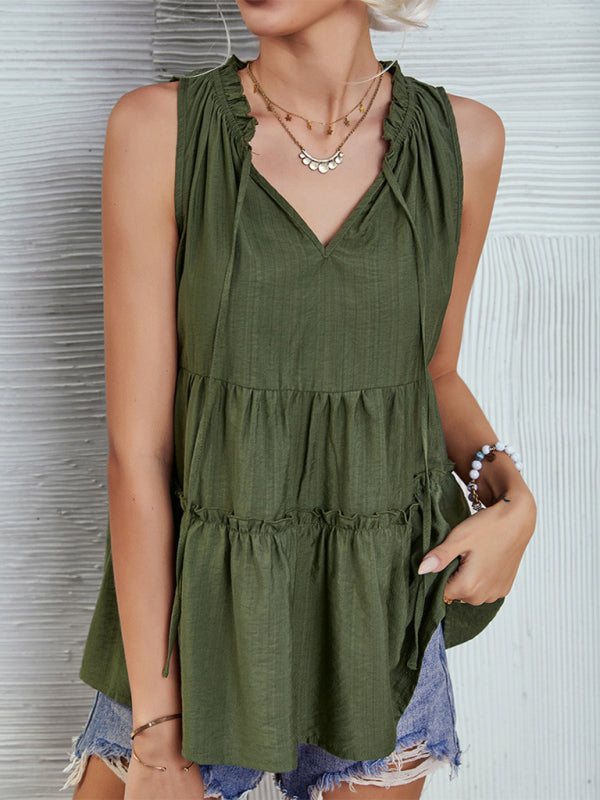 Women's Solid V-Neck Sleeveless Ruffled Top in 4 Colors Sizes 4-12 - Wazzi's Wear