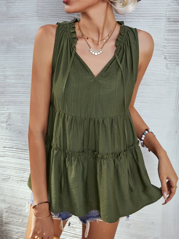 Women's Solid V-Neck Sleeveless Ruffled Top in 4 Colors Sizes 4-12 - Wazzi's Wear