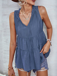 Women's Solid V-Neck Sleeveless Ruffled Top in 4 Colors Sizes 4-12 - Wazzi's Wear