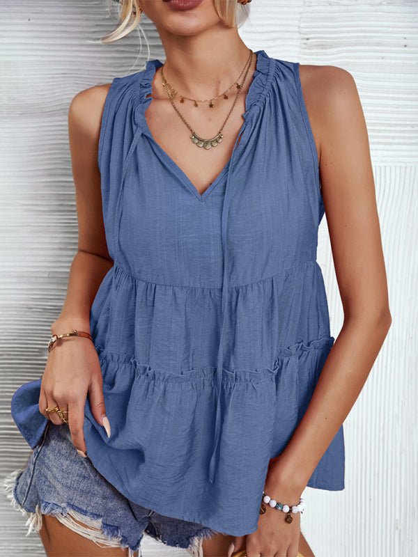 Women's Solid V-Neck Sleeveless Ruffled Top in 4 Colors Sizes 4-12 - Wazzi's Wear