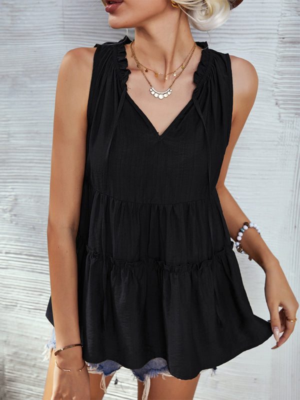 Women's Solid V-Neck Sleeveless Ruffled Top in 4 Colors Sizes 4-12 - Wazzi's Wear