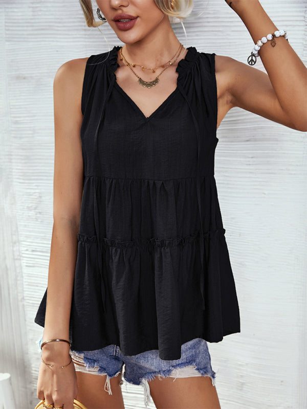 Women's Solid V-Neck Sleeveless Ruffled Top in 4 Colors Sizes 4-12 - Wazzi's Wear
