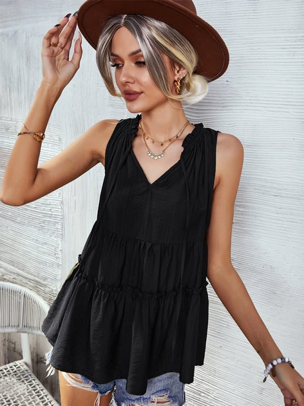 Women's Solid V-Neck Sleeveless Ruffled Top in 4 Colors Sizes 4-12 - Wazzi's Wear