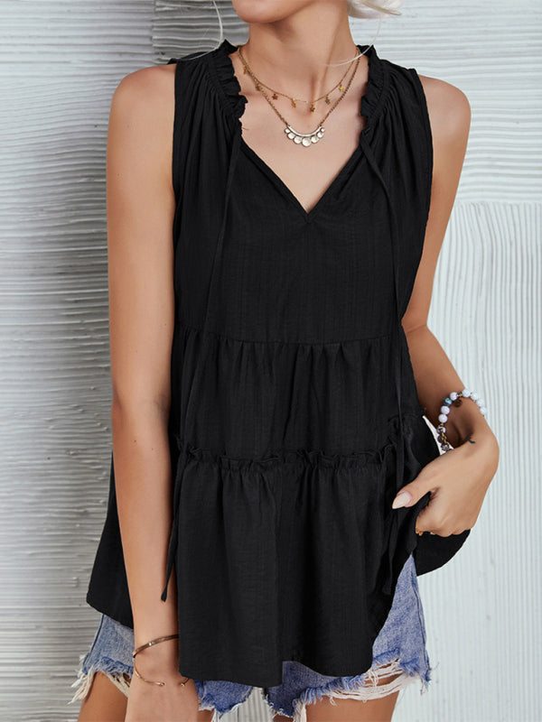 Women's Solid V-Neck Sleeveless Ruffled Top in 4 Colors Sizes 4-12 - Wazzi's Wear