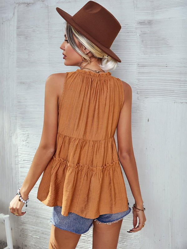 Women's Solid V-Neck Sleeveless Ruffled Top in 4 Colors Sizes 4-12 - Wazzi's Wear