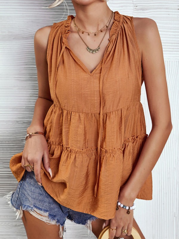 Women's Solid V-Neck Sleeveless Ruffled Top in 4 Colors Sizes 4-12 - Wazzi's Wear