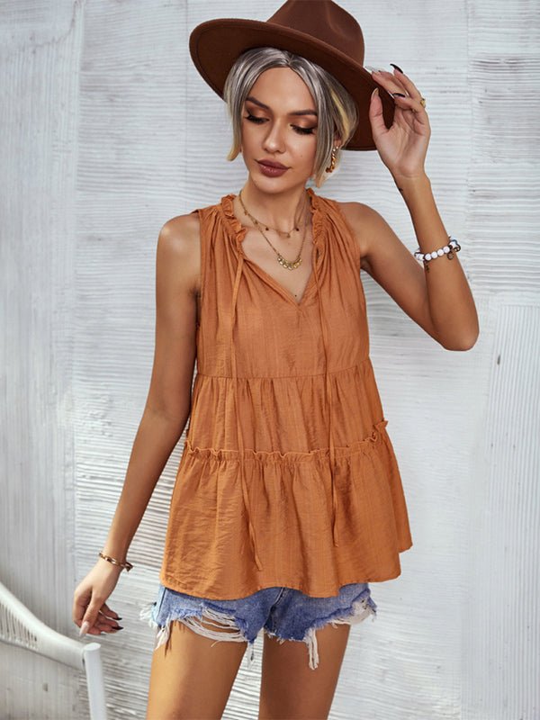 Women's Solid V-Neck Sleeveless Ruffled Top in 4 Colors Sizes 4-12 - Wazzi's Wear