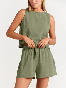 Women's Solid Two-Piece Set with Cropped Sleeveless Top and Shorts with Side Pockets in 10 Colors Sizes 4-14 - Wazzi's Wear
