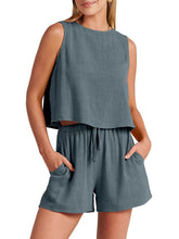 Load image into Gallery viewer, Women&#39;s Solid Two-Piece Set with Cropped Sleeveless Top and Shorts with Side Pockets in 10 Colors Sizes 4-14 - Wazzi&#39;s Wear