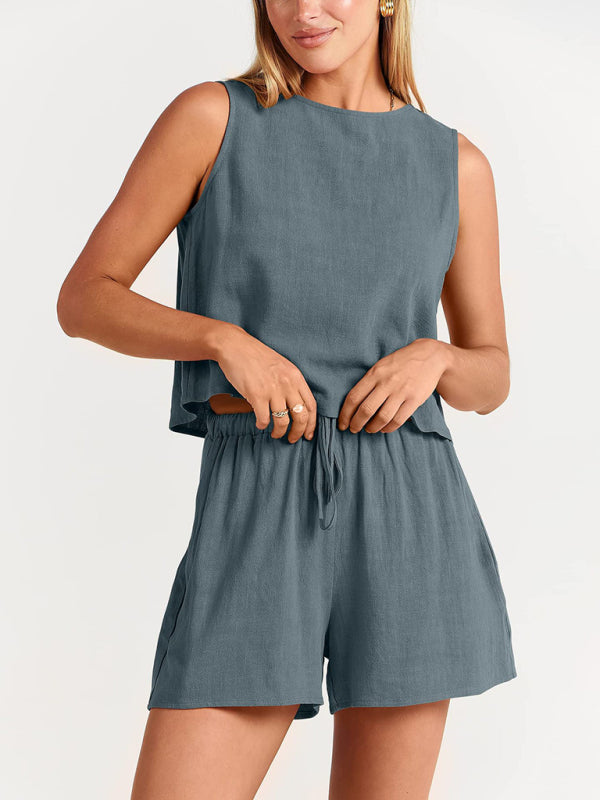 Women's Solid Two-Piece Set with Cropped Sleeveless Top and Shorts with Side Pockets in 10 Colors Sizes 4-14 - Wazzi's Wear