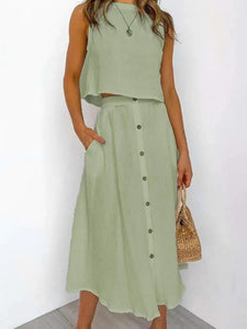 Women's Sleeveless Two-Piece Sleeveless Top and Midi Skirt with Pockets and Buttons in 6 Colors Sizes 4-14