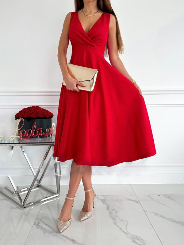 Women's Solid V-Neck Sleeveless Swing Dress in 3 Colors Sizes S-XL - Wazzi's Wear