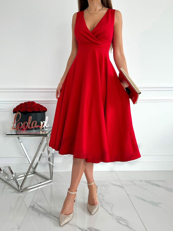 Women's Solid V-Neck Sleeveless Swing Dress in 3 Colors Sizes S-XL - Wazzi's Wear