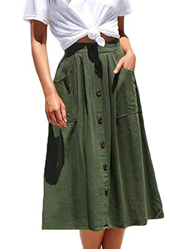 Women's Cotton High Waist Skirt with Buttons and Pockets Sizes 4-18 - Wazzi's Wear
