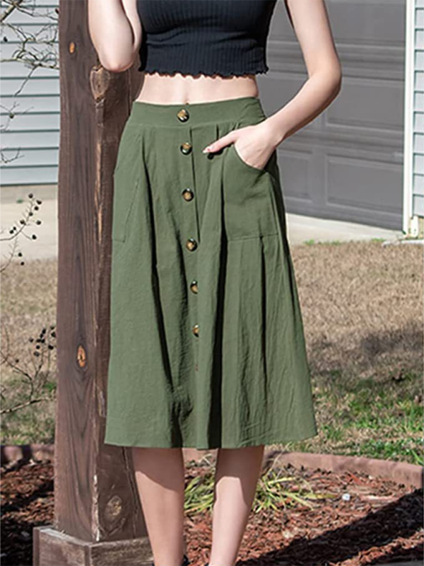 Women's Cotton High Waist Skirt with Buttons and Pockets Sizes 4-18 - Wazzi's Wear